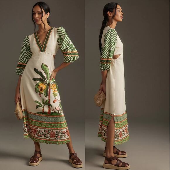 NWT Anthropologie Farm Rio Palm Tree V Neck Puff Sleeve Cut Out Waist Midi Dress - Picture 2 of 15